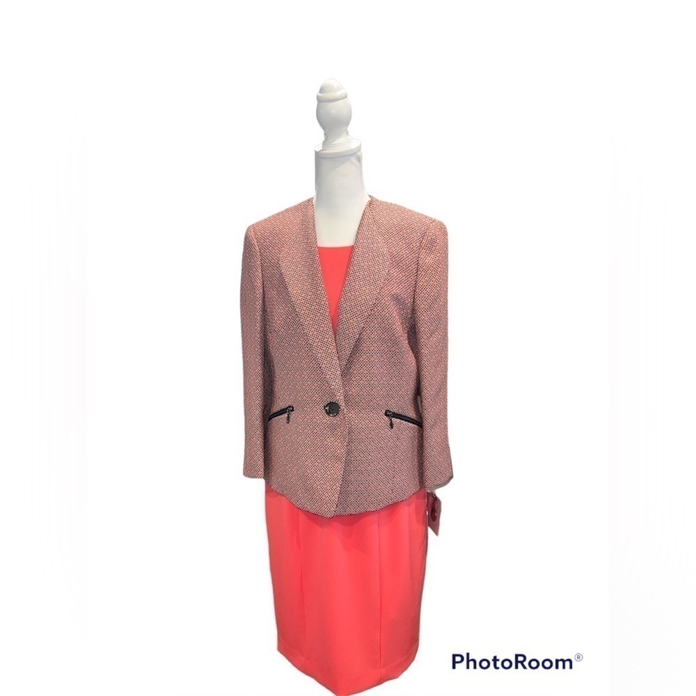 Kasper Womens 2 Piece Skirt Suit Set Coral Pink Black Basketweave Blazer Dress 8